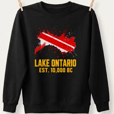 Distressed Lake Ontario t-shirt with Diver Down flag and text — printed on a unisex sweatshirt