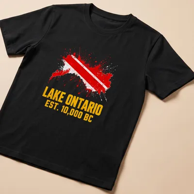 Distressed Lake Ontario t-shirt with Diver Down flag and text