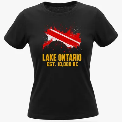Distressed Lake Ontario t-shirt with Diver Down flag and text — printed on a women's shirt