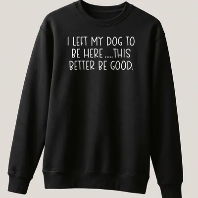 Bold text shirt for dog lovers saying I LEFT MY DOG TO BE HERE .... THIS BETTER BE GOOD. — printed on a unisex sweatshirt
