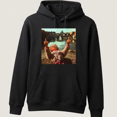 Distressed vintage t-shirt featuring a doll and meme text in pink, beige, and brown — printed on a unisex hoodie