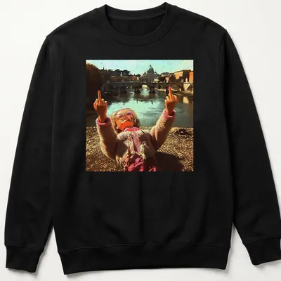 Distressed vintage t-shirt featuring a doll and meme text in pink, beige, and brown — printed on a unisex sweatshirt