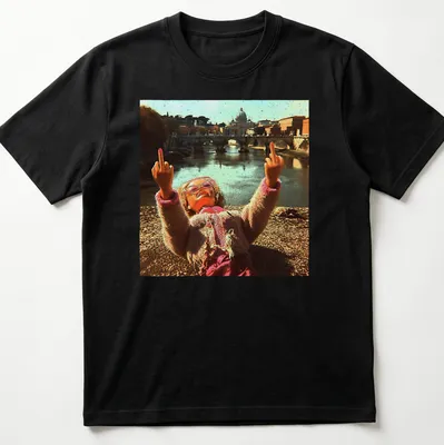 Distressed vintage t-shirt featuring a doll and meme text in pink, beige, and brown