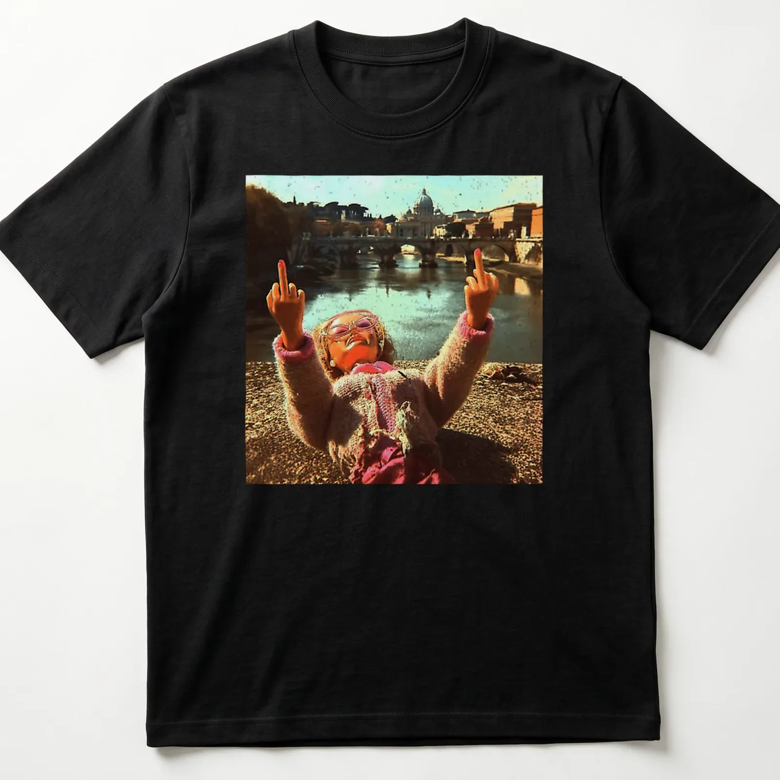 Distressed vintage t-shirt featuring a doll and meme text in pink, beige, and brown — printed on a unisex t-shirt