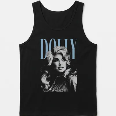 Vintage Dolly Parton t-shirt featuring the name Dolly in a classic font — printed on a tank top