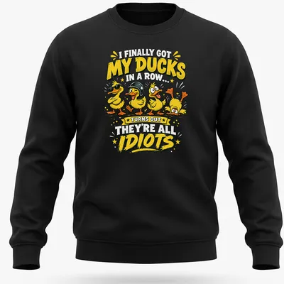 Cartoon ducks with humorous text about organization and chaos — printed on a unisex sweatshirt