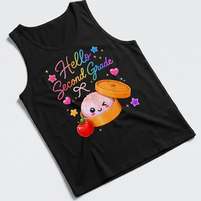 Kawaii t-shirt featuring a cute dumpling and the text 'Hello Second Grade' — printed on a tank top