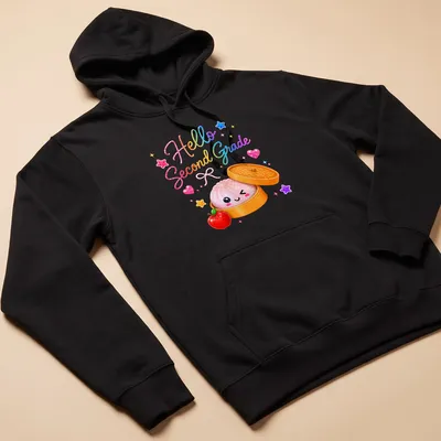 Kawaii t-shirt featuring a cute dumpling and the text 'Hello Second Grade' — printed on a unisex hoodie