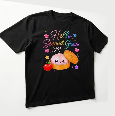 Kawaii t-shirt featuring a cute dumpling and the text 'Hello Second Grade' — printed on a unisex t-shirt (angled view)