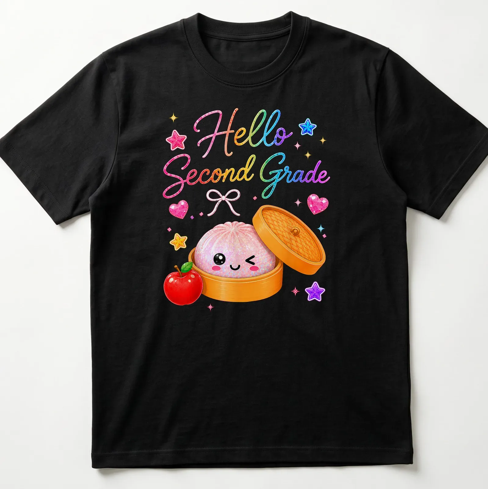 Kawaii t-shirt featuring a cute dumpling and the text 'Hello Second Grade' — printed on a unisex t-shirt