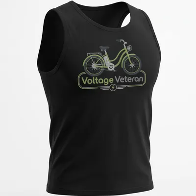 Modern illustrated E-bike graphic with text 'Voltage Veteran' in green and gray — printed on a tank top