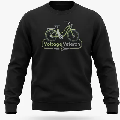 Modern illustrated E-bike graphic with text 'Voltage Veteran' in green and gray — printed on a unisex sweatshirt