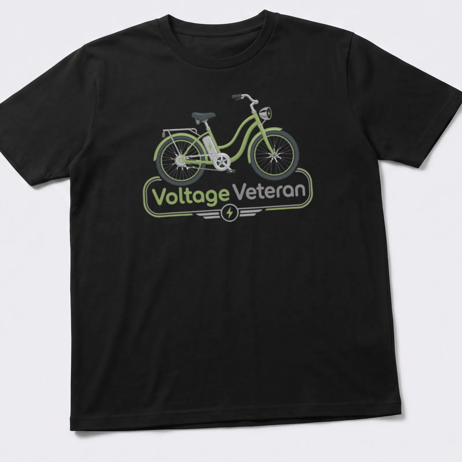 Modern illustrated E-bike graphic with text 'Voltage Veteran' in green and gray — printed on a unisex t-shirt