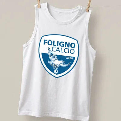 Bold eagle logo with text Foligno Calcio 1928 in blue and white — printed on a tank top