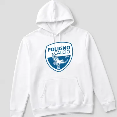 Bold eagle logo with text Foligno Calcio 1928 in blue and white — printed on a unisex hoodie