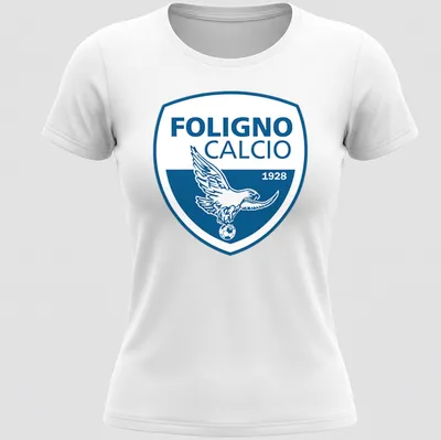 Bold eagle logo with text Foligno Calcio 1928 in blue and white — printed on a women's shirt