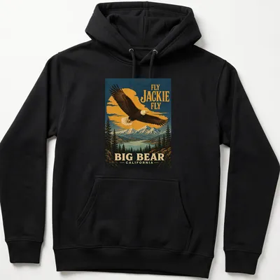 Vintage poster style shirt with an eagle and text about Big Bear, California. — printed on a unisex hoodie