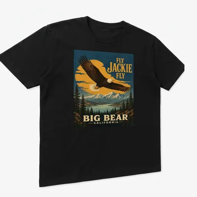 Vintage poster style shirt with an eagle and text about Big Bear, California. — printed on a unisex t-shirt (angled view)