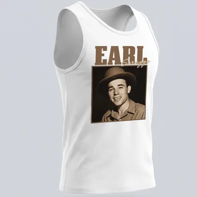 Vintage portrait of Earl Scruggs with text in warm colors — printed on a tank top