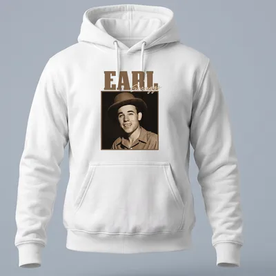 Vintage portrait of Earl Scruggs with text in warm colors — printed on a unisex hoodie