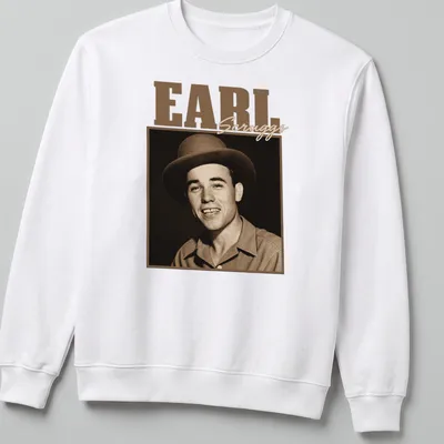 Vintage portrait of Earl Scruggs with text in warm colors — printed on a unisex sweatshirt
