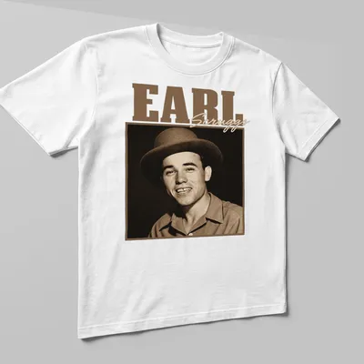 Vintage portrait of Earl Scruggs with text in warm colors — printed on a unisex t-shirt (angled view)