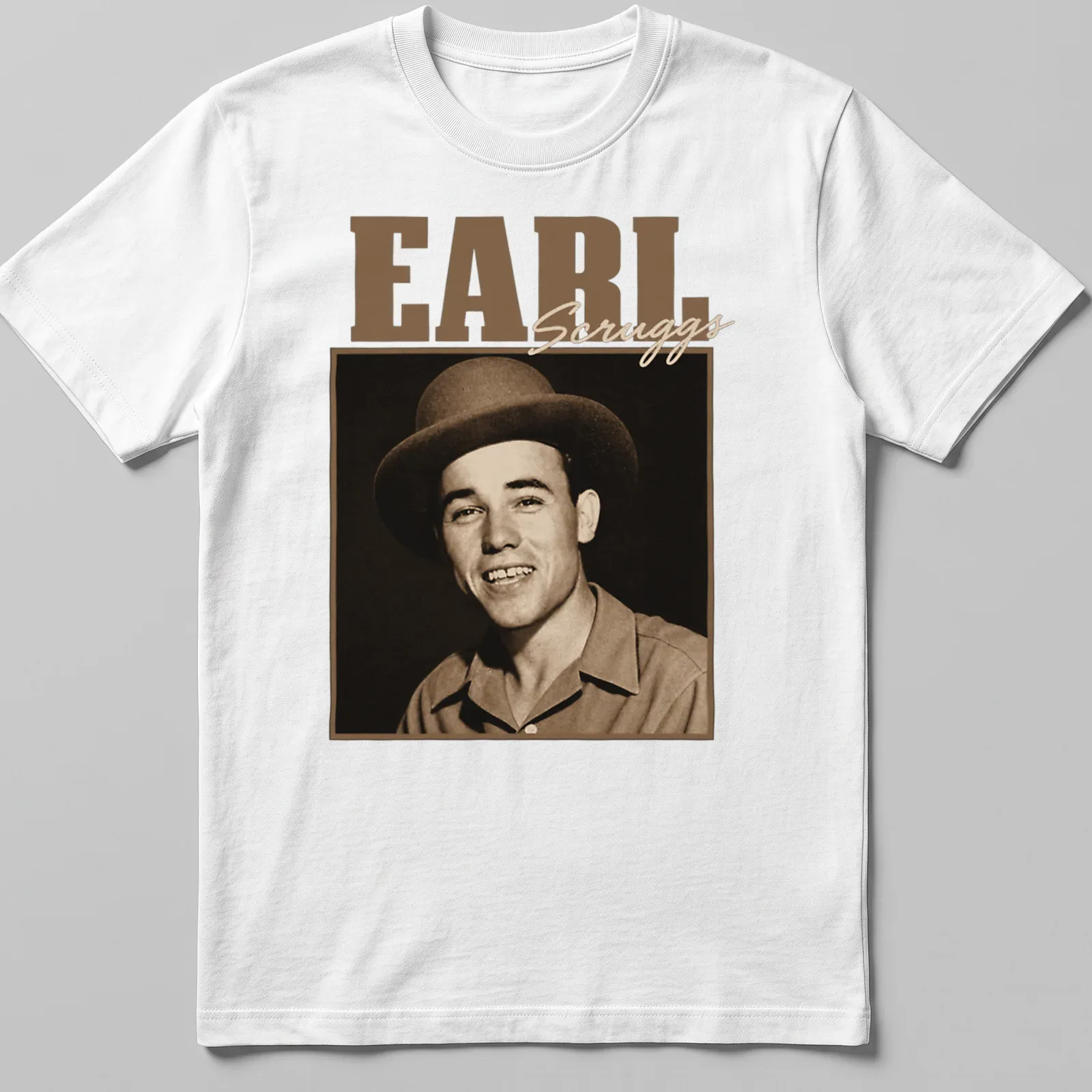 Vintage portrait of Earl Scruggs with text in warm colors — printed on a unisex t-shirt