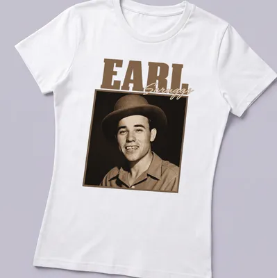 Vintage portrait of Earl Scruggs with text in warm colors — printed on a women's shirt