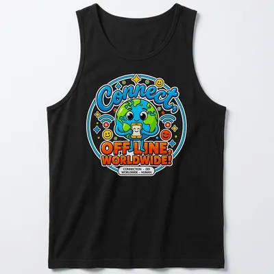 Kawaii Earth character holding a phone with text about connection — printed on a tank top
