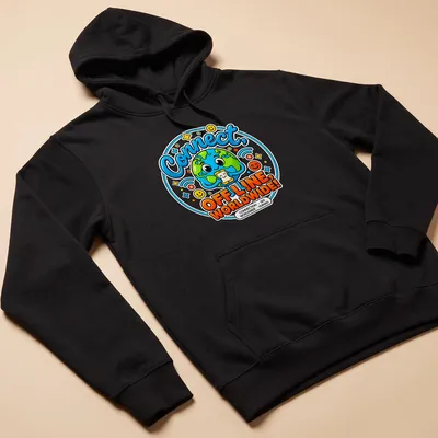 Kawaii Earth character holding a phone with text about connection — printed on a unisex hoodie