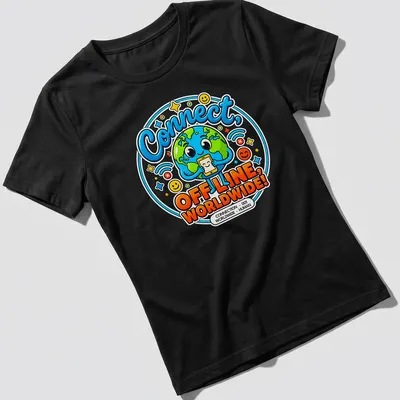 Kawaii Earth character holding a phone with text about connection — printed on a women's shirt