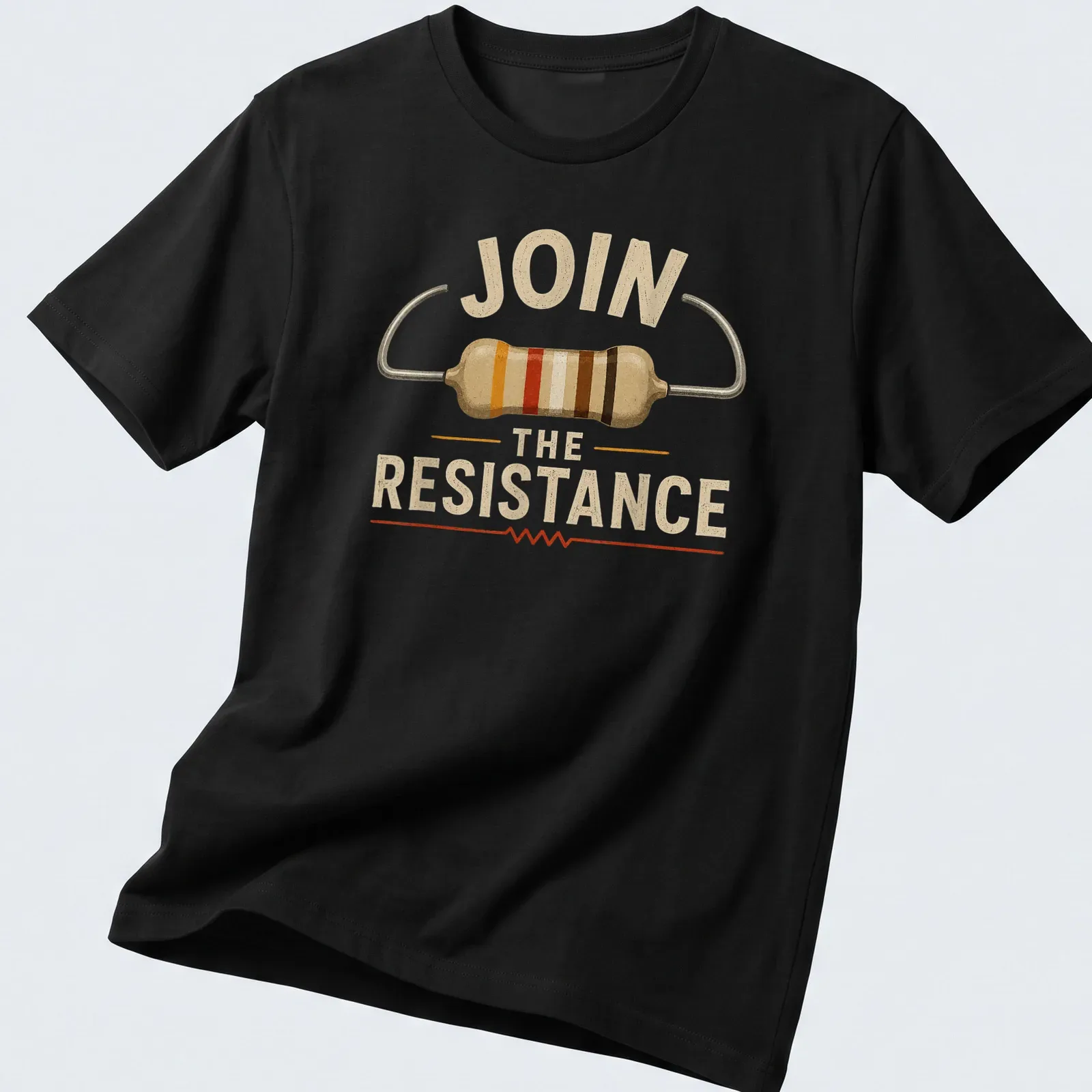 Vintage retro t-shirt featuring electrical resistor and 'JOIN THE RESISTANCE' text — printed on a unisex t-shirt