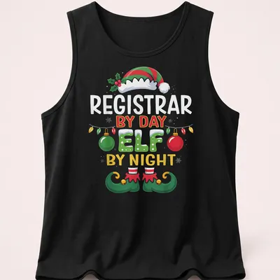 Colorful holiday-themed t-shirt featuring a Christmas elf and whimsical text — printed on a tank top