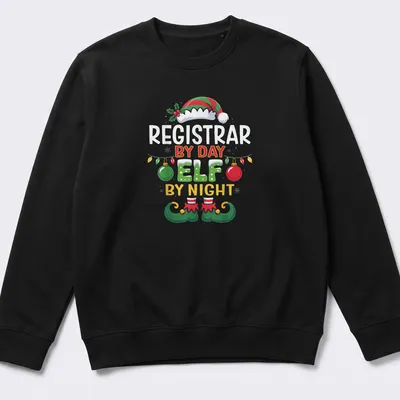 Colorful holiday-themed t-shirt featuring a Christmas elf and whimsical text — printed on a unisex sweatshirt