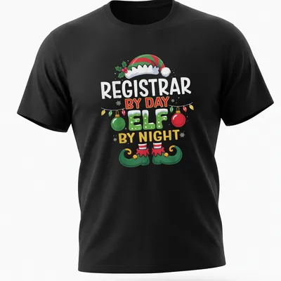 Colorful holiday-themed t-shirt featuring a Christmas elf and whimsical text