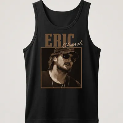 Sepia-tone Eric Church t-shirt with bold lettering in brown and cream — printed on a tank top