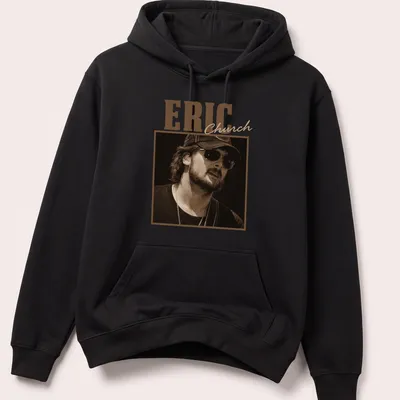 Sepia-tone Eric Church t-shirt with bold lettering in brown and cream — printed on a unisex hoodie
