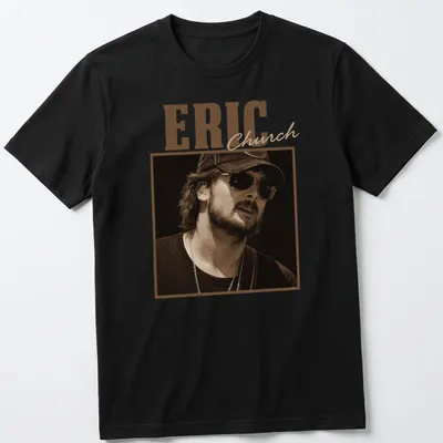 Sepia-tone Eric Church t-shirt with bold lettering in brown and cream