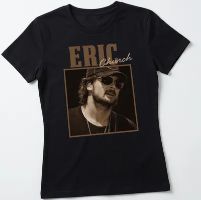 Sepia-tone Eric Church t-shirt with bold lettering in brown and cream — printed on a women's shirt