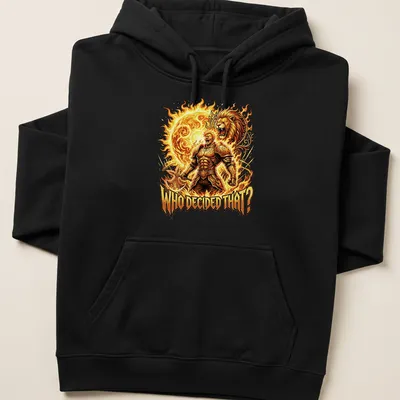 Bold Escanor print featuring a lion and flames with the text 'WHO DECIDED THAT?' — printed on a unisex hoodie