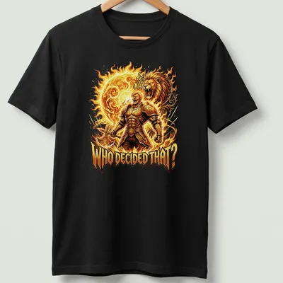 Bold Escanor print featuring a lion and flames with the text 'WHO DECIDED THAT?'