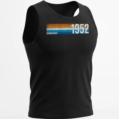 Vintage retro t-shirt with Established 1952 text in orange, blue, and white — printed on a tank top