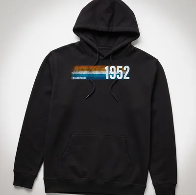 Vintage retro t-shirt with Established 1952 text in orange, blue, and white — printed on a unisex hoodie