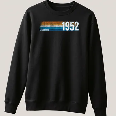 Vintage retro t-shirt with Established 1952 text in orange, blue, and white — printed on a unisex sweatshirt