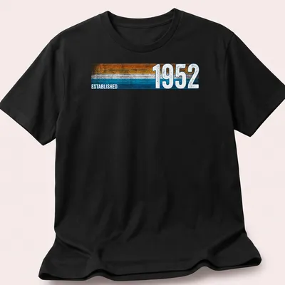 Vintage retro t-shirt with Established 1952 text in orange, blue, and white