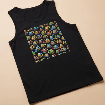 Colorful cartoon excavators with goofy expressions on a — printed on a tank top