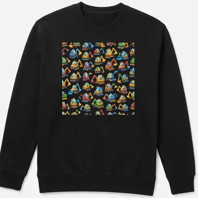 Colorful cartoon excavators with goofy expressions on a — printed on a unisex sweatshirt