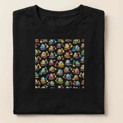 Colorful cartoon excavators with goofy expressions on a — printed on a women's shirt