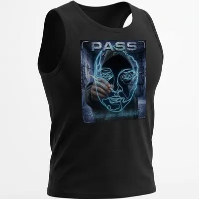 Neon line art of a face outline with text 'PASS KEY Have you checked?' — printed on a tank top