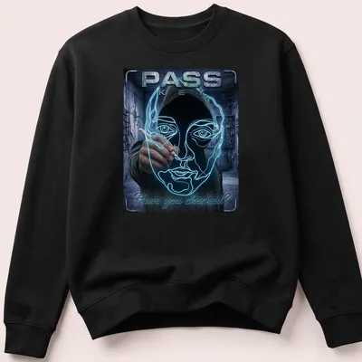 Neon line art of a face outline with text 'PASS KEY Have you checked?' — printed on a unisex sweatshirt